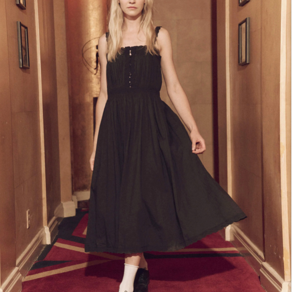 THE GREAT. Black Midi Sundress with Scalloped Straps - Picture 3 of 11